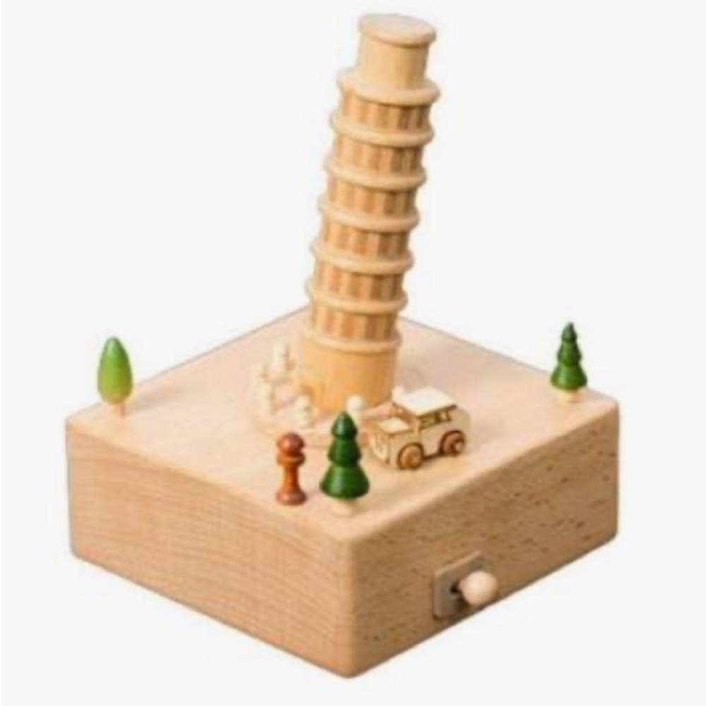 Pottery Barn Wooden Pisa Tower Music Box with Natural and Green Accents